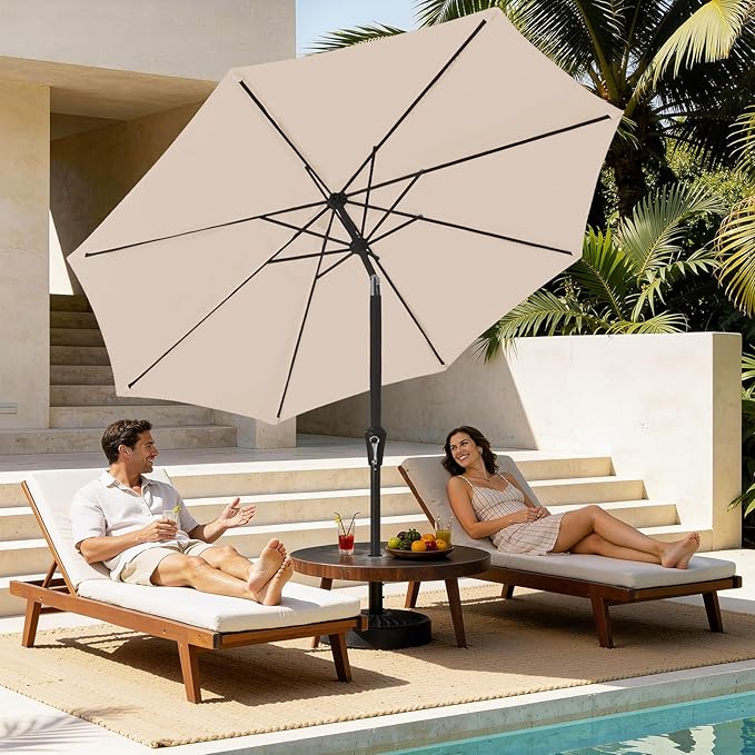 MEWAY 9ft Patio Umbrella Outdoor Table Umbrellas with Push Button Tilt and Crank, Market Umbrella 8 Sturdy Ribs for Deck, Garden, Pool and Backyard, Beige MEWAY
