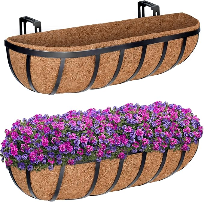 ZeeDix 24 Inch Railing Planter Box, 2 Pack Metal Window Boxes with Coco Liners for Railing, Hanging Flower Boxes for Deck Porch Balcony & Fence Outdoor Indoor Lawn ZeeDix