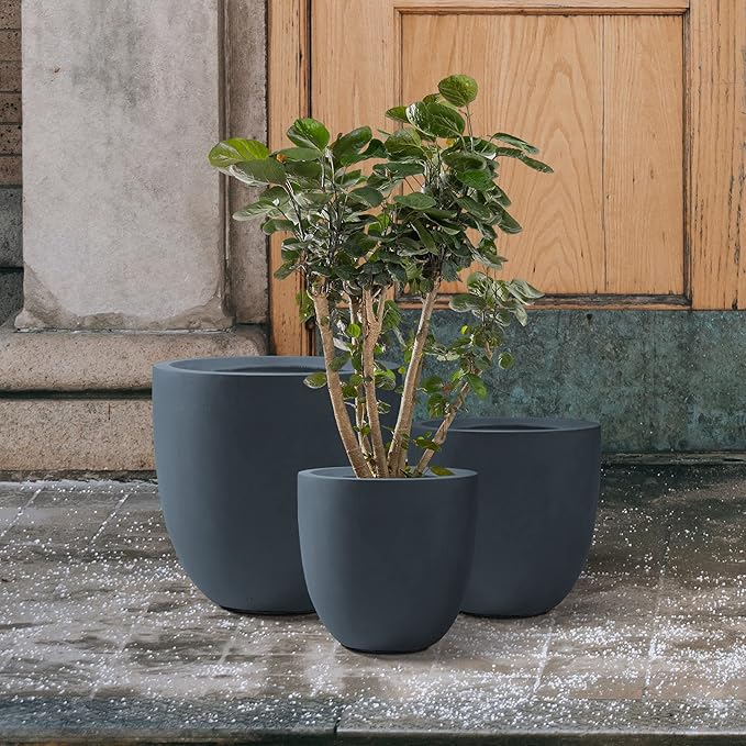 Kante 20",16.5",13.4" Dia Round Concrete Planters (Set of 3), Outdoor Indoor Modern Decorative Plant Pots with Drainage Hole & Rubber Plug for Home & Garden, Charcoal Kante