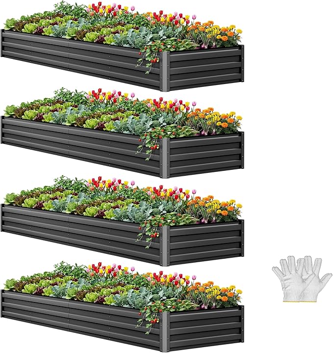 YITAHOME 4pcs 12x4x1 ft Galvanized Raised Garden Bed Kit, Large Metal Planter Box with Gloves, Safety Rubber & Support Rod, Outdoor Flower Bed for Plants Vegetables, Black YITAHOME