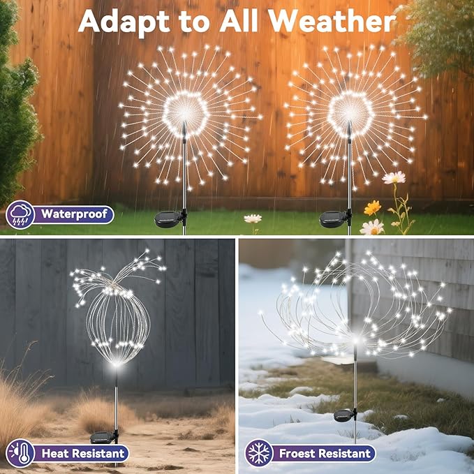 Garden Outdoor Lights, 4 Pack 120 LED Solar Garden Lights Fairy Lights Outdoor Waterproof Decorative Solar Firework Lights for Yard Patio Pathway Flowerbed Party Wedding Decor, White Slyuexu