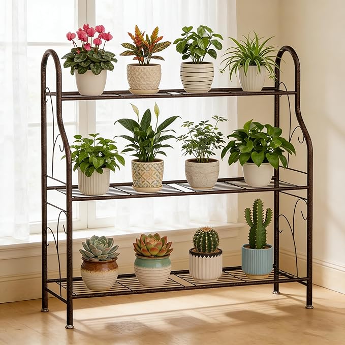 SORCEDAS Plant Stand Indoor Outdoor Plant Shelf 3 Tier Metal Corner Flower Stand Multiple Holder for Patio Garden Balcony Living Room, Bronze SpecialYourHome