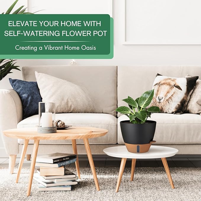2 Pack 10 inch Plant Pots, PP Plastic Self Watering Plant Pot with Drainage and Tray for Indoor Outdoor Plants , Water Level Window & Reservoir Flower Pots Decorative Planter (Black, 10 Inch) Montresor
