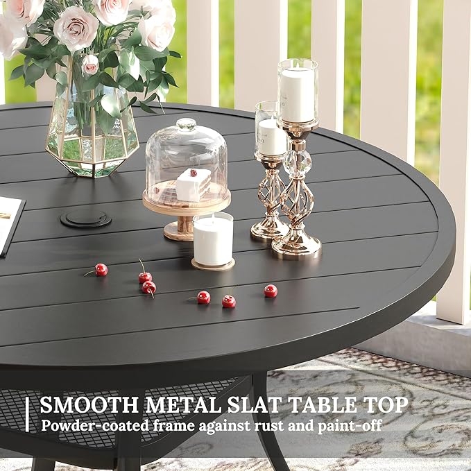VICLLAX 5 Pieces Patio Dining Set for 4, Outdoor Furniture Set Includes 40.7" Round Patio Table and 4 Patio Stackable Chairs, Black Tabletop and Blue Fabric HOME