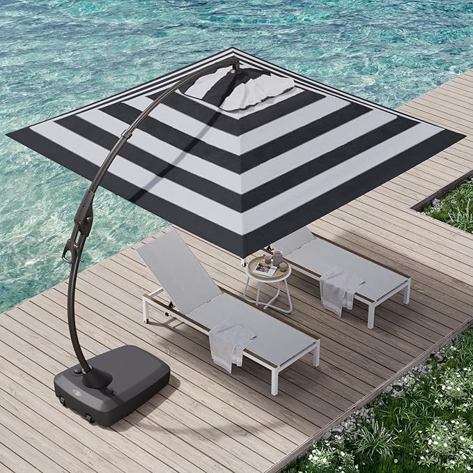 Grand patio 10x10 FT Patio Cantilever Umbrella with Base Outdoor Large Square Tilting Offset Umbrellas for Pool Deck (Black & White, 10x10 FT) GrandPatio