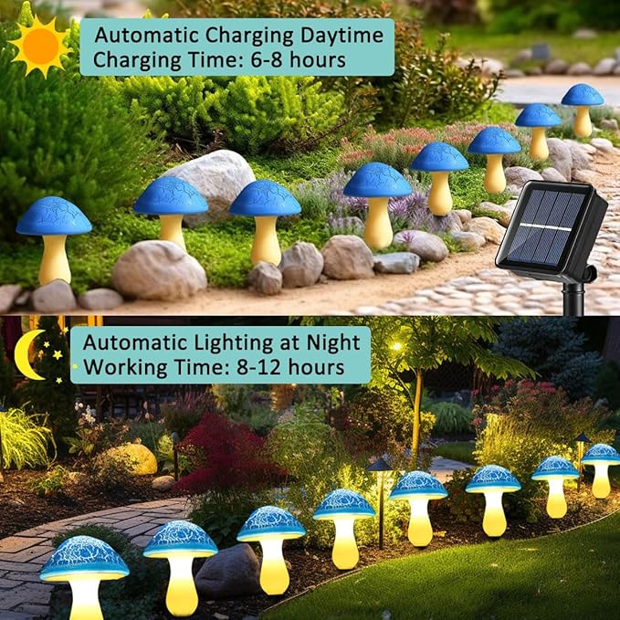 Solar Mushroom Lights Garden Decor 8 Blue Crack Mushrooms Outdoor Decor Stake Lights, Waterproof Solar Pathway Light Gardening Gifts for Landscape Easter Gnomes Yard Halloween Christmas Decorations Viewpick