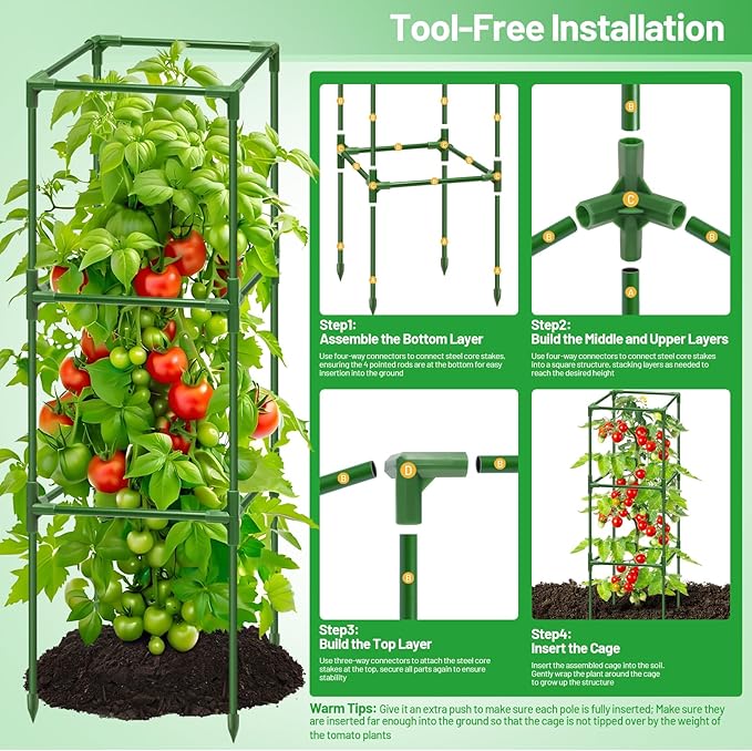 Legigo 4 Pack Square Tomato Cages for Garden- Up to 45 Inch Tomato Trellis Plant Cages Support, Tomato Stakes and Supports Cage for Climbing Vegetables Raised Garden Bed Cucumbers Peppers Flowers Legigo