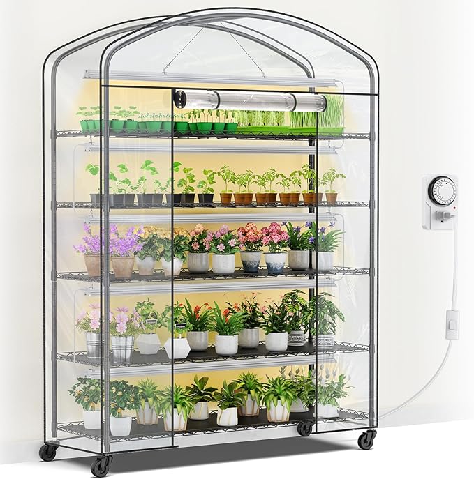 Abimars 5-Tier Greenhouse with Grow Light, Shelf Height Adjustable Metal Plant Shelf with PVC Cover and Wheels, Includes 5-Pack 2900K Full Spectrum Plant Lights, 21x60x80inch Abimars