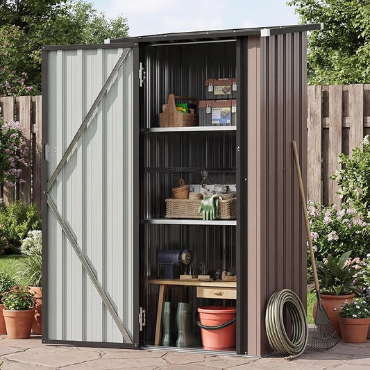 Aoxun Outdoor Storage Shed with Floor - Vertical Cabinet with 2 Adjustable Shelves & Lockable Doors, Waterproof Small Tool Shed, for Backyard Garden Patio Lawn Indoor, Brown Aoxun