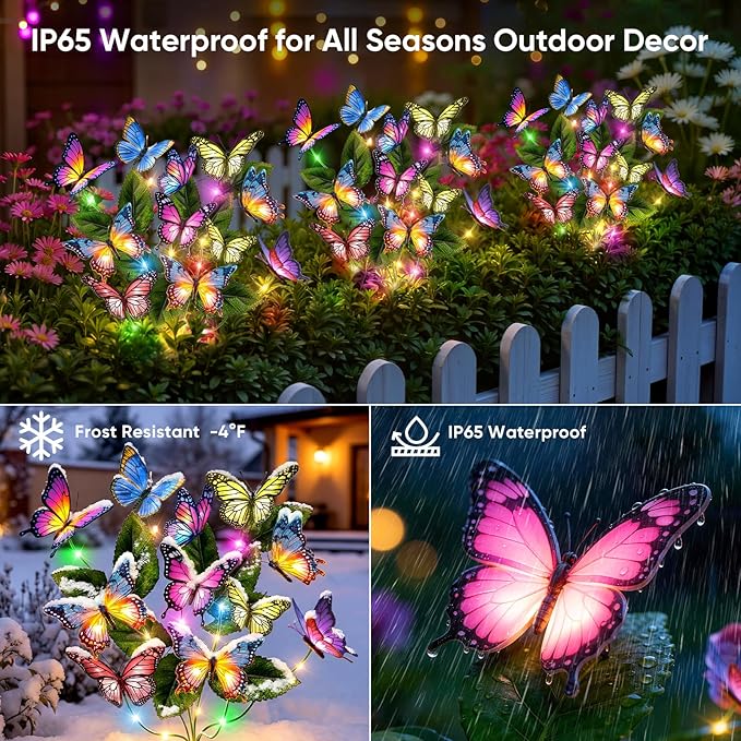 Solar Lights Outdoor Garden Decor: 2 Pack 34 Silk Butterflies with 44 Color-Changing LEDs - Auto On/Off 12H Magical Lighting IP65 Waterproof for Yard Patio Pathway - Unique Gifts for Mom Grandma NFEVER