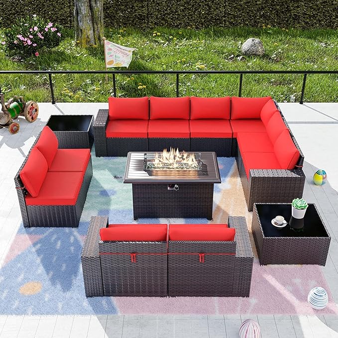 Kullavik 13 Pieces Outdoor Patio Furniture Set with 43" 55000BTU Gas Propane Fire Pit Table PE Wicker Rattan Sectional Sofa Patio Conversation Sets,Red KULLAVIK