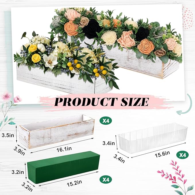 Dandat 4 Set Wood Boxes for Centerpieces 16x4 Inch Rectangle Wooden Planter Box Rustic Wooden Planters with Removable Plastic Liner Floral Foam Blocks for Christmas Wedding Home Garden Decor(White) Dandat