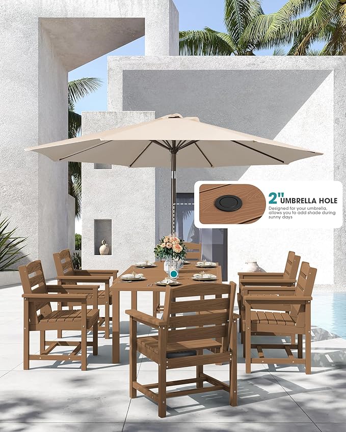 SERWALL 7-Piece Patio Dining Sets, 60" - 83" Expandable Outdoor Dining Table and 6 HDPE Chairs, All Weather HDPE Outdoor Furniture Set for Backyard, Garden, Brown SERWALL