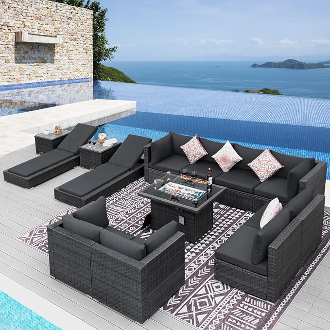 NICESOUL 13 Piece Patio Furniture Set with Fire Pit, 29.3'' High Back Outdoor Patio Set with Fire Pit & Chaise Lounge, Large Modular Outdoor Grey Wicker Sofa 500 lbs Heavy Duty for Deck, Pool NICESOUL