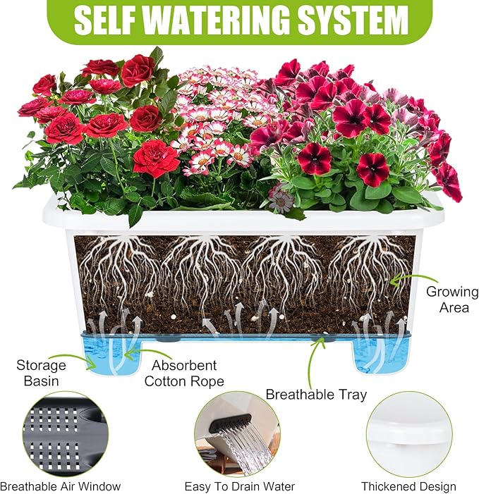 Self-Watering Rectangle Planter Boxes 8-Pack, 15.7-Inch Window Box Planter with Drainage Holes & Trays, Pots for Vegetables, Herbs, Flowers, Garden Windowsill Balcony (White) Oliz