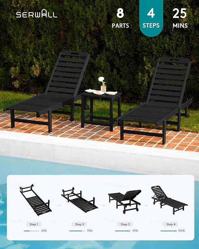 SERWALL Outdoor Chaise Lounge Set of 8, HDPE Pool Lounge Chairs with 5-Position Adjustable Backrest, Patio Loungers with Rolling Wheels & Cup Holder for Pool Sunbathing, Black SERWALL