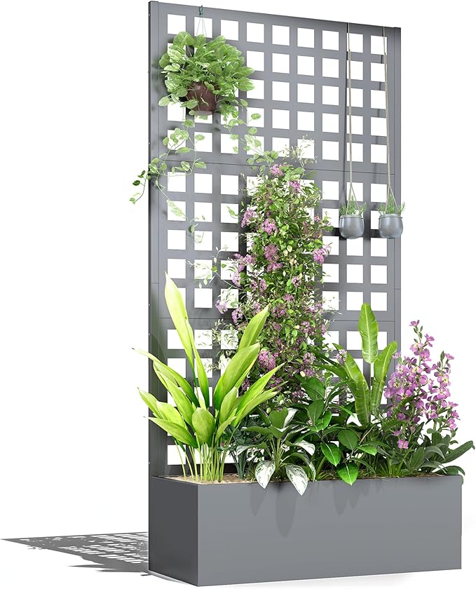 Outsunny Galvanized Raised Garden Bed with Trellis, Metal Planter Box with Drainage Holes, Outdoor Privacy Screen for Climbing Plants, Vegetable, Vines, 35" x 16" x 70", Gray Wood Effect Outsunny