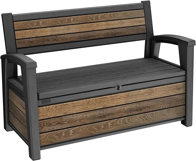 Keter Signature 60 Gallon Storage Bench Deck Box for Patio Furniture, Front Porch Decor and Outdoor Seating – Perfect to Store Garden Tools, Walnut Keter