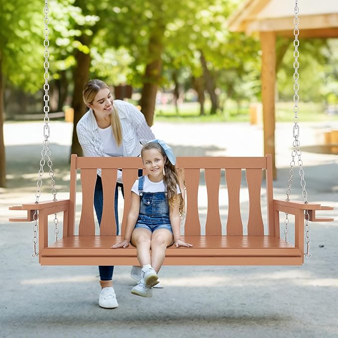 HIPS All-Weather Outdoor Hanging Porch Swing,2 Seat Hanging Swing Bench with Cup Holders,Patio Swing Chair with Hanging Chains for Courtyard & Garden CONGFUTT