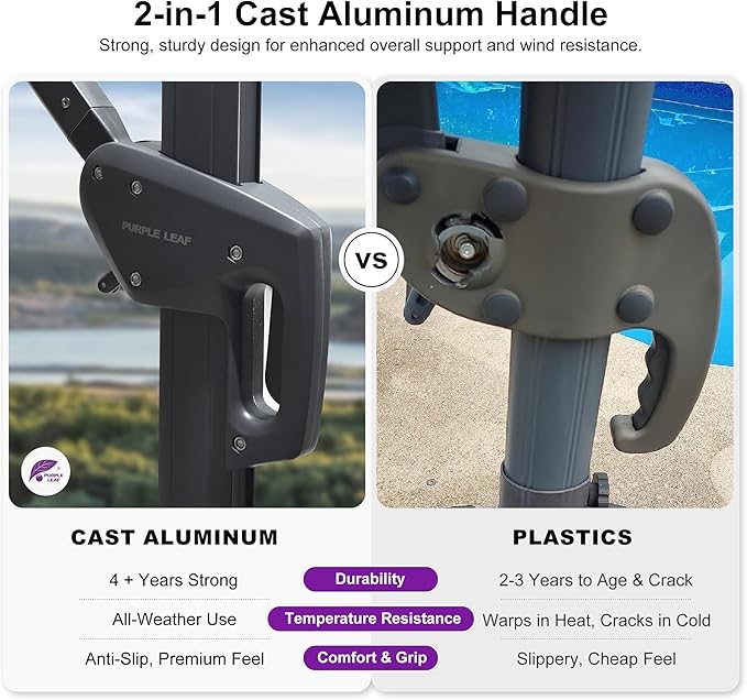 PURPLE LEAF Patio Umbrella 10' X 13' Rectangle Cantilever Umbrella Large Aluminum Outdoor Umbrellas with 360-degree Rotation & UPF40+ Premium Fabric for Deck Pool Garden Yard, Sand Dune Rootora