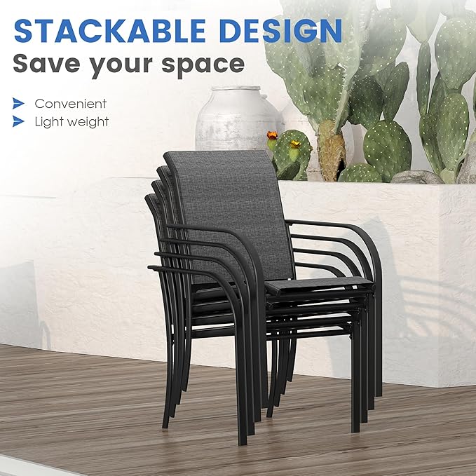 VICLLAX Patio Set for 2, Outdoor Dining Set Includes 28" Small Outdoor Table and 2 Stackable Sling Chairs, Grey Tabletop and Grey Fabric HOME