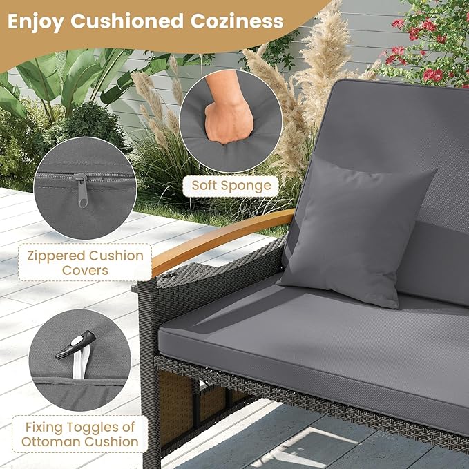 Tangkula Patio Rattan Daybed with 4-Level Adjustable Backrest, Outdoor Wicker Loveseat with Acacia Wood Armrest, Storage Ottoman & Folding Tray, Double Sunbed for Lawn Yard & Poolside, Grey & Brown TANGKULA