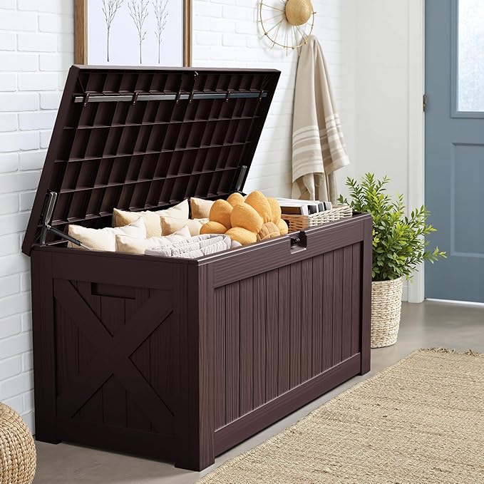 JUMMICO 120 Gallon Resin Deck Box, Large Outdoor Storage Box Waterproof & Lockable for Garden, Patio, Pools (Deep Brown) JUMMICO