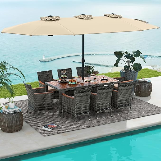 Tangkula 10 Pieces Patio Wicker Dining Set w/Double-Sided Patio Umbrella, Outdoor Acacia Wood Furniture Set w/ 8 Armchairs, 71” Dining Table & 15 ft Umbrella with Weighted Base (Beige) TANGKULA