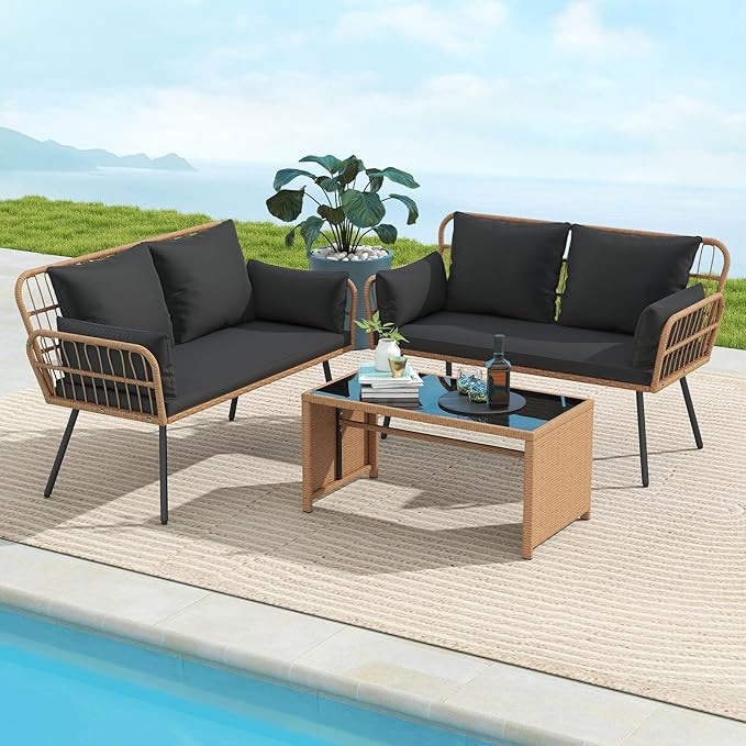 Tangkula Patio Wicker Loveseat, Outdoor Rattan 2-Seat Cushioned Sofa with Heavy Duty Metal Frame, for Backyard,Porch,Poolside (Black) TANGKULA