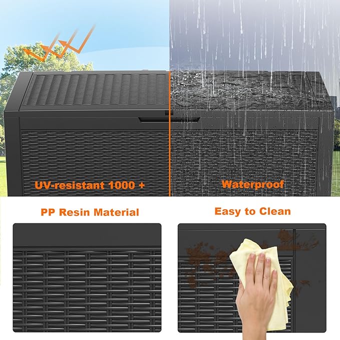 100 Gallon Outdoor Deck Box, Lockable Waterproof Outdoor Storage Boxes For Garden Tools,Indoor Cushions,Accessories Outside Storage Resin Weatherproof Container(Black) MAIUSCOLI