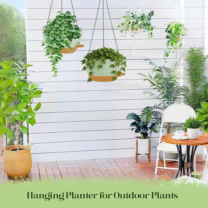 2 Pack 10 Inch Self Watering Hanging Planters for Indoor Plants, Large Green Brown Plastic Hanging Pots with Chains for Outdoor Patio Garden Home Decor (Green Brown) zople
