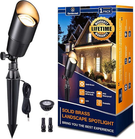 Gardenreet Landscape Spotlights Low Voltage - Brass Outdoor Uplight LED 12V, Wired Spot Lights IP65 Waterproof, Black for Exterior Garden Yard Tree House with 5W 2700K Warm White MR16 Bulb Gardenreet