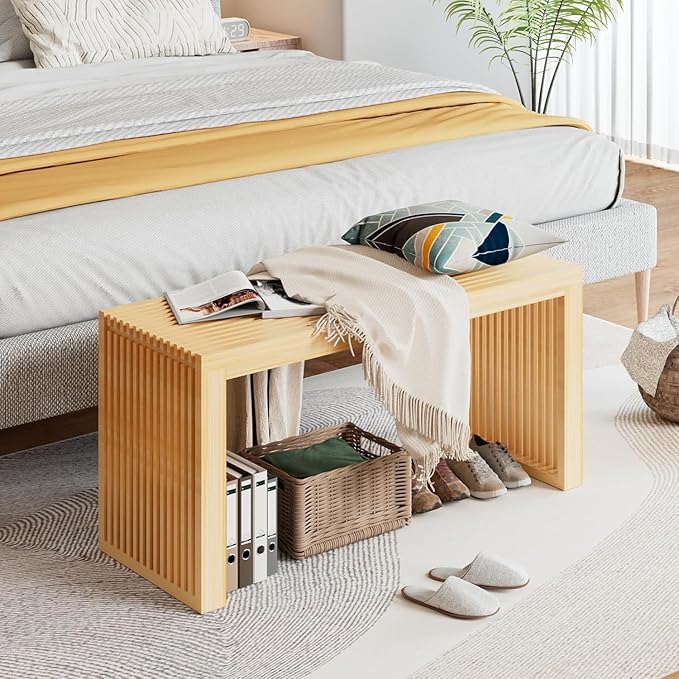 Bamboo Dining Bench, 35 inch Farmhouse Decor Indoor Kitchen Table Bench, Entryway Shoe Rack Bench Solid Bamboo Benches for Living Room, Hallway, Bedroom, Bathroom (Nature, Long-Outdoor) HEALTHYYOU