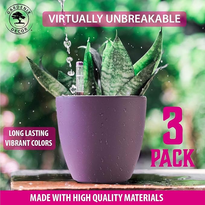 GARDENIX DECOR Self Watering Pots for Indoor Plants 3 Pack - Flower Pot with Water Level Indicator for Plants, Grow Tracking Tool - Self Watering Planter Plant Pot - Coco Coir - Purple Rootora