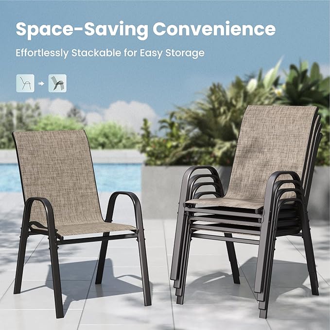 PHI VILLA Patio Chairs Set of 4, Outdoor Stackable Dining Chairs with E-Coating Metal Frame and Upgraded Textilene Fabric, All Weather Deck Chair 350 LBS Capacity for Porch Poolside Garden PHIVILLAThepioneerofcomfortablehouseholdsupplies