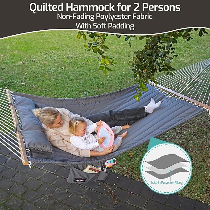 Double Quilted Fabric Hammock with Hardwood Spreader Bars and Pillow 450 LBS Capacity 2 Person Large Hammock for Outdoor Patio Backyard Poolside - Brown CHULIM