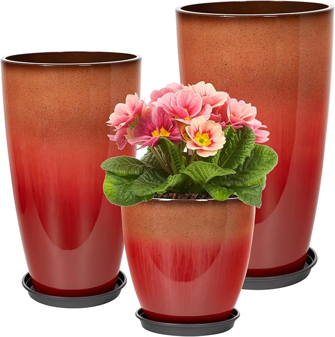 24/21/12 Inch Large Plastic Planter, Lightweight Ceramic-Look Tall Planters with Drain Hole & Saucers, Tall Plastic Planters for Porch, Garden, Patio, Balcony(Fiery Red) Neoaider
