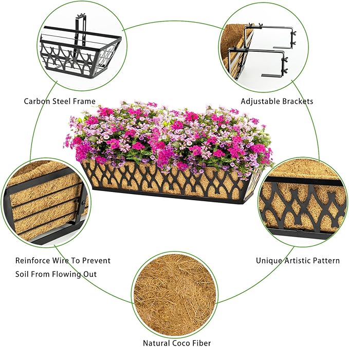 4 Pack 24 Inch Window Boxes Planters for Outdoor Plants Railing Planter Box with Adjustable Brackets for Windowsill Porch Fence Patio Hanging Flower Coco Baskets for Outside Decoration - Black KarlliuHOMEGARDEN