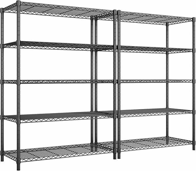 5 Tier Storage Shelves 71"H Wire Shelving Adjustable Metal Shelving,1000LBS Pantry Shelves Sturdy Steel Wire Shelf for Kitchen School Pantry Garage Warehouse ,71"H X35.5"W X13.8"D, Black,2P Romorgniz