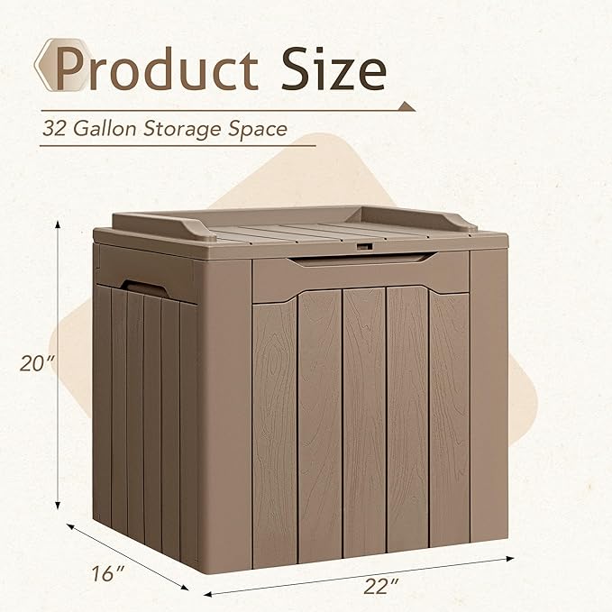 Flamaker Deck Box 31 Gallon Waterproof Resin Small Deck Box with Lid, Indoor Outdoor Package Delivery Box, Organization and Storage for Patio Furniture, Garden Tools, Outdoor Cushions (Light brown) Flamaker