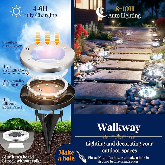 SOLPEX Solar Ground Lights, 16 Pack Solar Lights Outdoor Waterproof, 8 LED Solar Powered Landscape Lighting for Garden Yard Patio Pathway Driveway Walkway (Cool White) Solpex
