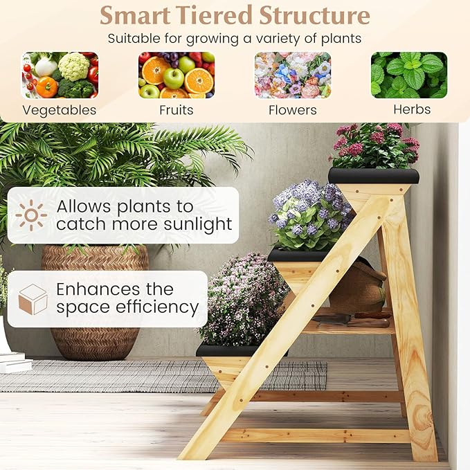 Giantex 3-Tier Vertical Raised Garden Bed, Wood Elevated Planter Box with Legs, Storage Shelf, Liners for Growing Vegetables Herbs Flowers, Indoor Outdoor Freestanding Raised Bed for Patio (Natural) Giantex