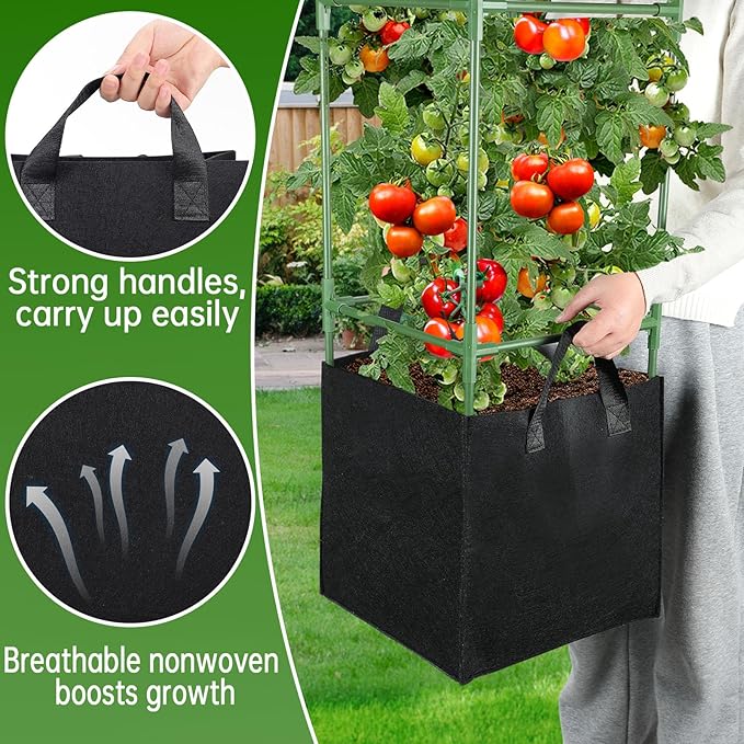 ANPHSIN 3 Sets Tomato Cages with 10 Gallon Grow Bags - 47'' Stable Plant Support Trellis Kit, Square Cages with Planter Pots for Garden Flowers Vegetables Cucumber Vertical Climbing Plants Vines ANPHSIN