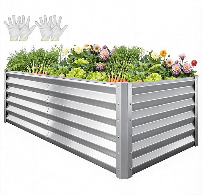 YITAHOME 6x3x3ft Large Raised Garden Bed Kit, Galvanized Metal Planter Box with Gloves, Support Rod, Outdoor Above Ground Planters for Plants Vegetables Flowers, Silver YITAHOME