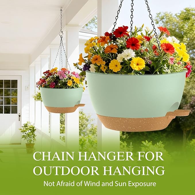 12 Inch Hanging Baskets 2 PC with Chains, Self-Watering Hanging Planters for Indoor Outdoor Plants, Plastic Hanging Flower Pots,Green Brown SQKH