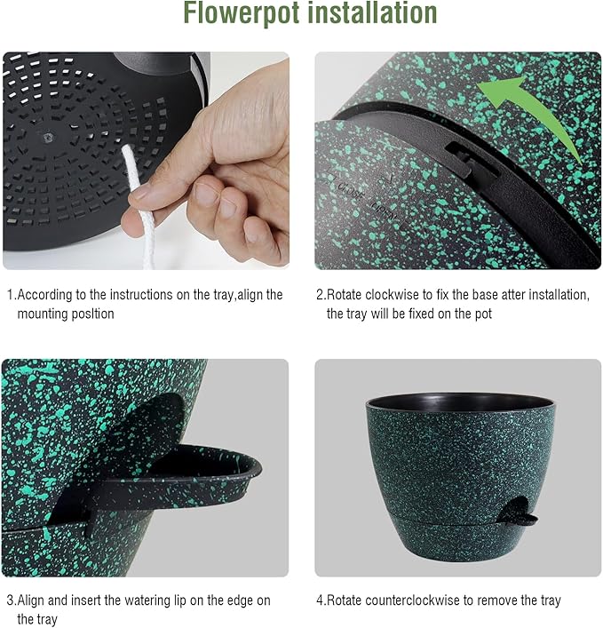12/10/9 inch Large Self Watering Pots, Planter, Plant Pots with Mesh Drainage Holes for Indoor Outdoor Garden Plants, Plastic Flower Pots with Deep Reservoir, Black with Green Speckles WSMKSZ