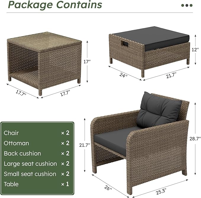 LHBcraft Balcony Furniture 5 Piece Patio Conversation Set, PE Wicker Rattan Outdoor Lounge Chairs with Soft Cushions 2 Ottoman-Glass Table for Porch LHBcraft-US