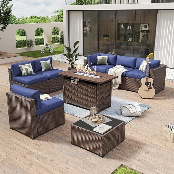 Aoxun 8-Piece Outdoor Patio Furniture Set - 44” Fire Pit Table, Durable Wicker Rattan Sectional Sofa with Coffee Table, Comfy Thickened Cushions, Blue (Waterproof Cover Included) Aoxun