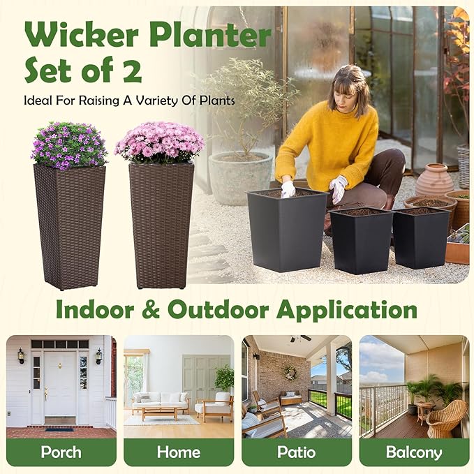 Idzo All Weather Wicker Planters for Outdoor Plants Set of 2, 24 inch Tall Planter for Front Porch, Patio, Balcony, Indoor Usage - Square Rattan Flower Pots, Mocha Idzo