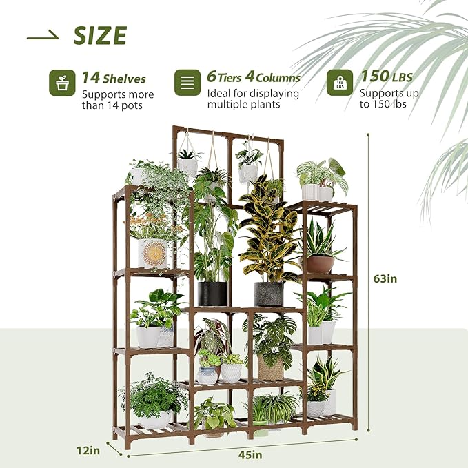 Plant Stand Indoor Outdoor 63" Tall Plant Shelf for Plants 12-Tier Large Plant Sheves for Living Room Heavy Duty Plant Rack Garden Balcony Patio Hanging Planter Gentingbro